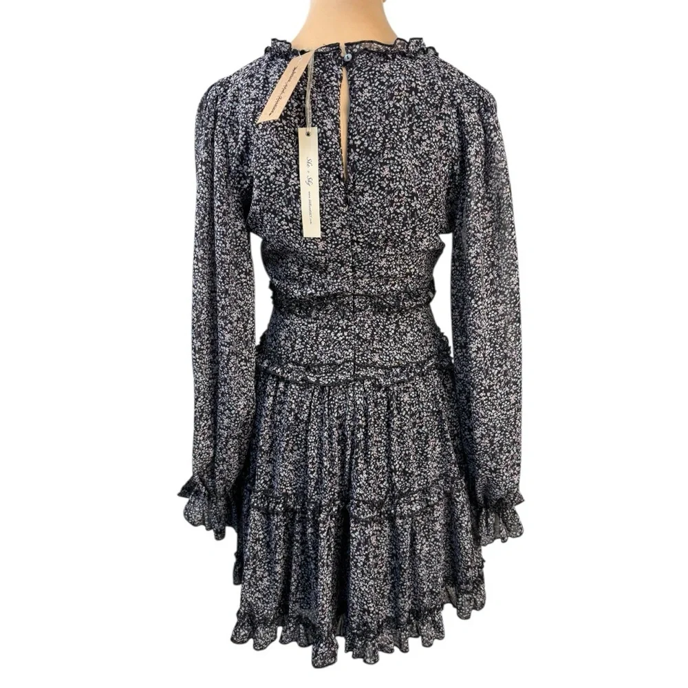 NWT She + Sky Spring Time Floral Mini Dress Small Black Lavender Ruffle V Neck